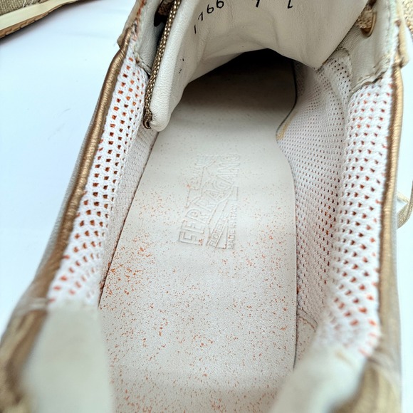 Salvatore Ferragamo Gold Mesh Leather Low Top Sneakers Womens 7C Beige - Picture 10 of 13